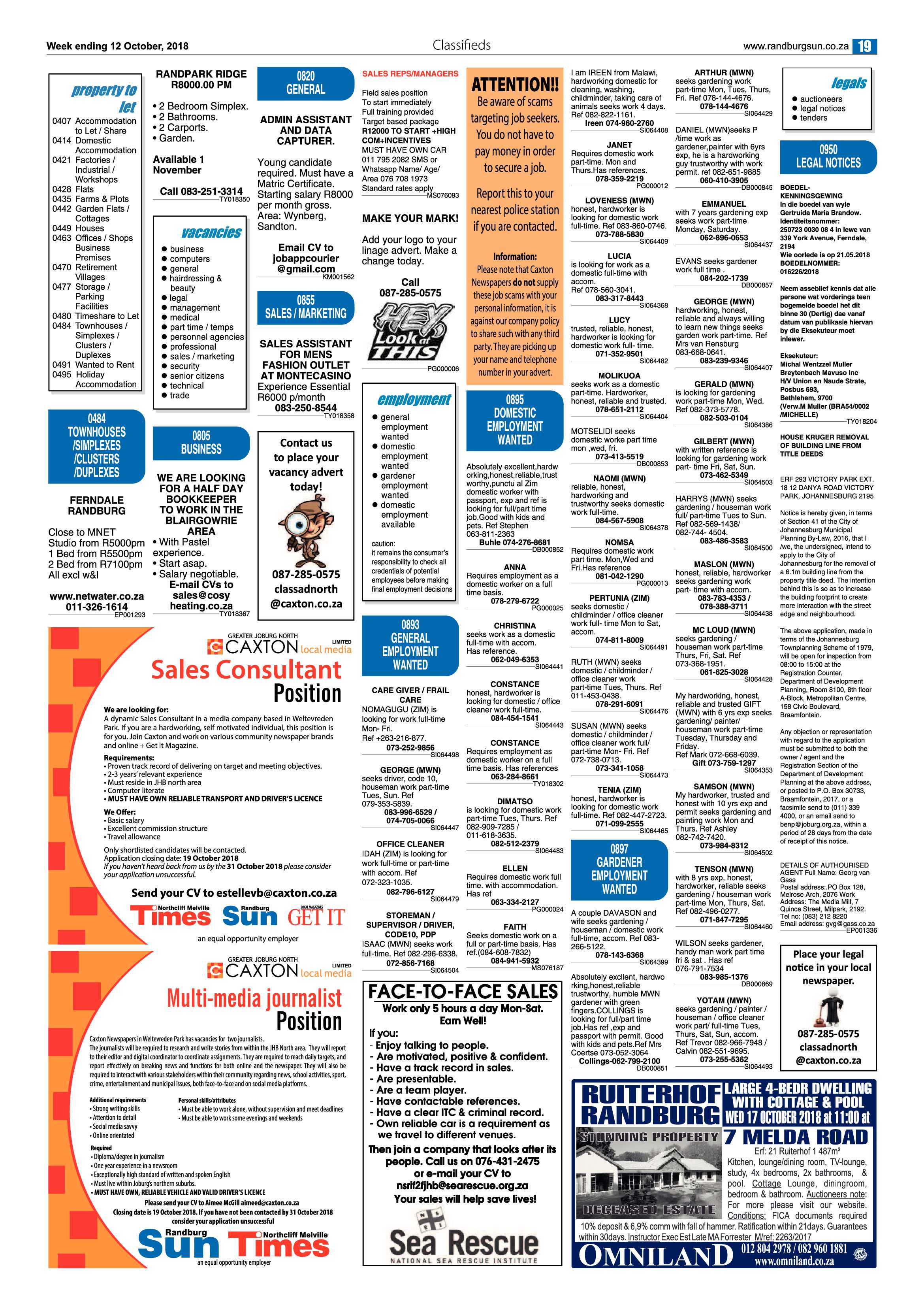 Randburg Sun 12 October 2018 page 19