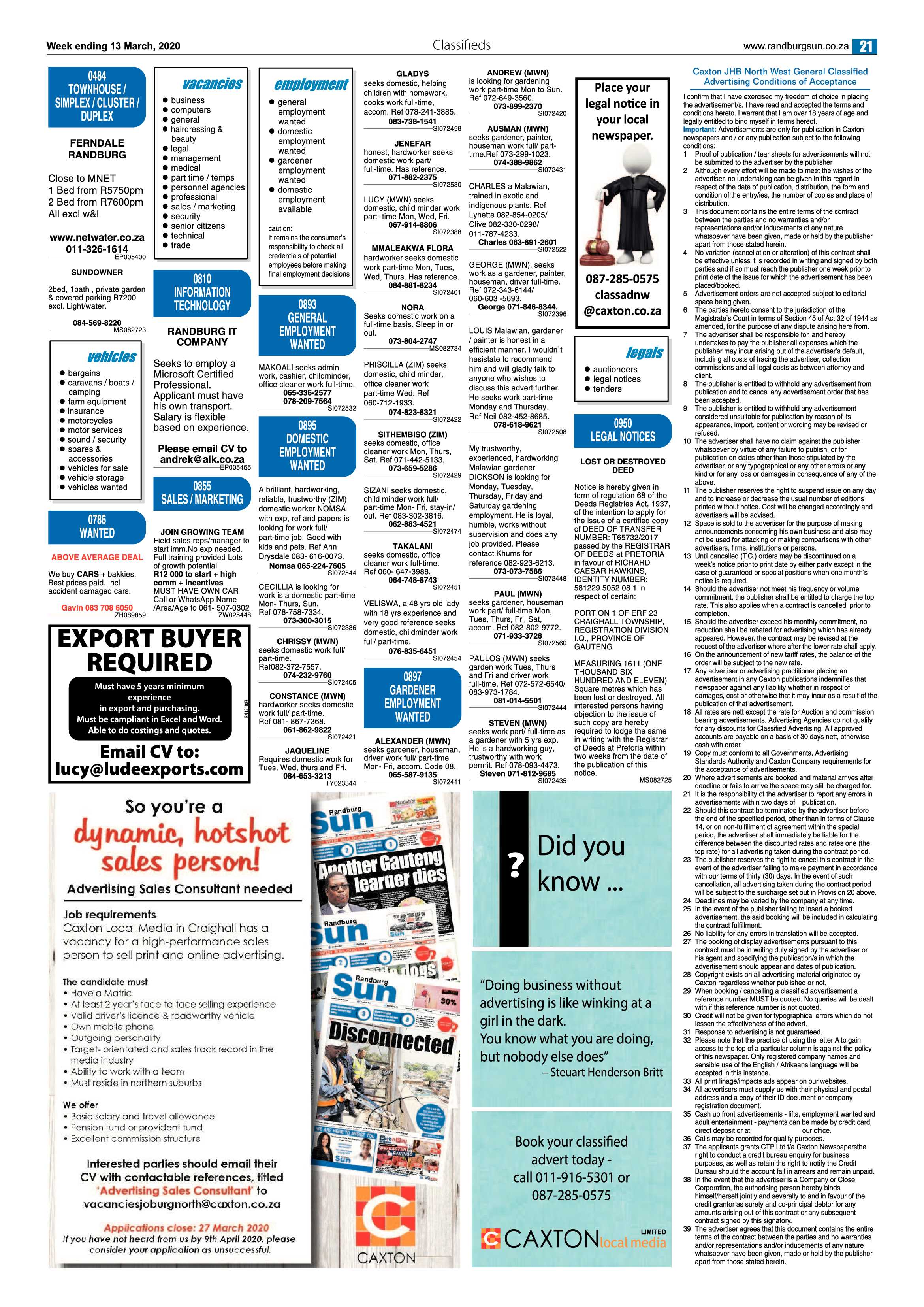 Randburg Sun 13 March 2020 page 21