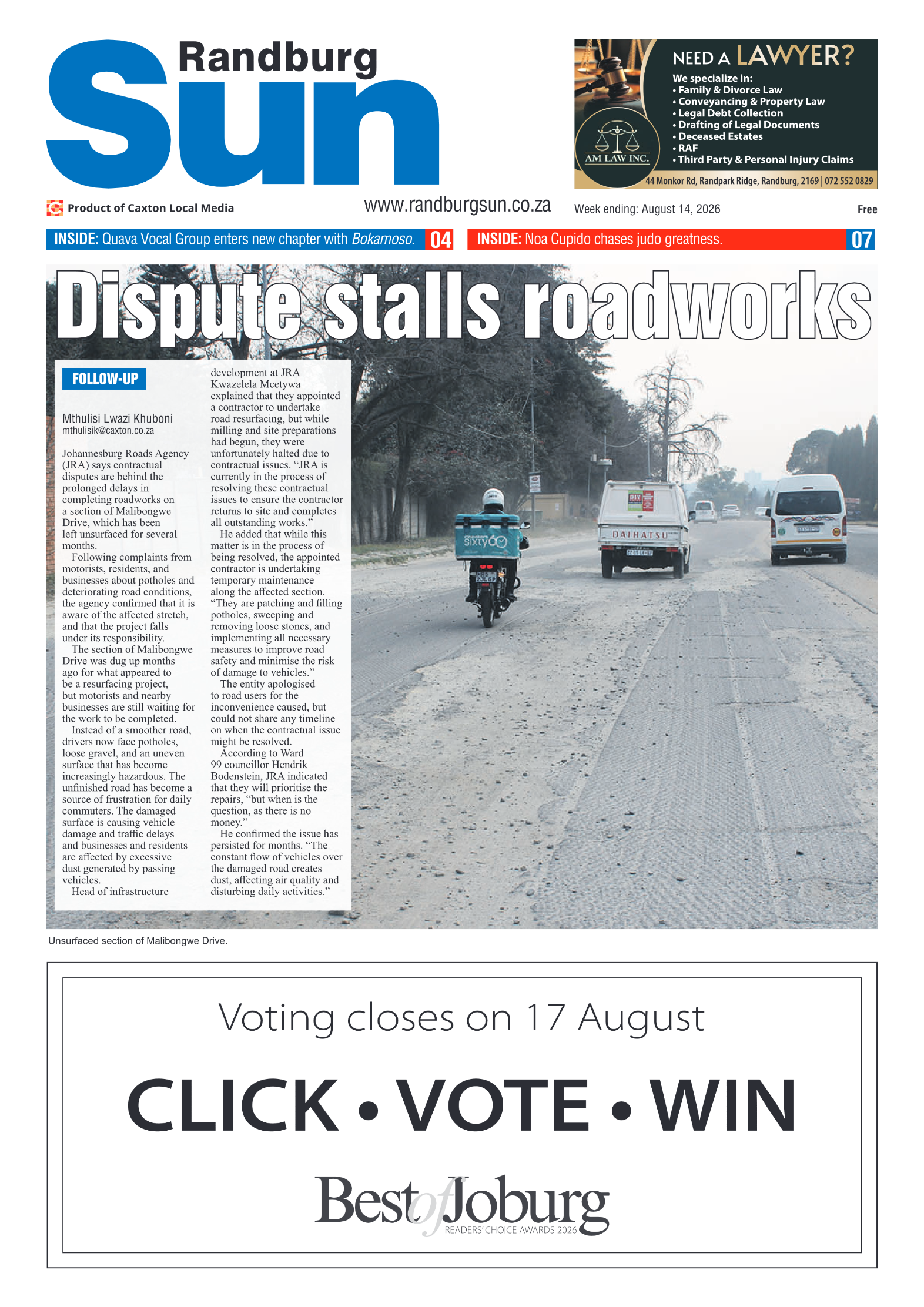 Randburg Sun 14 August 2026 page 1