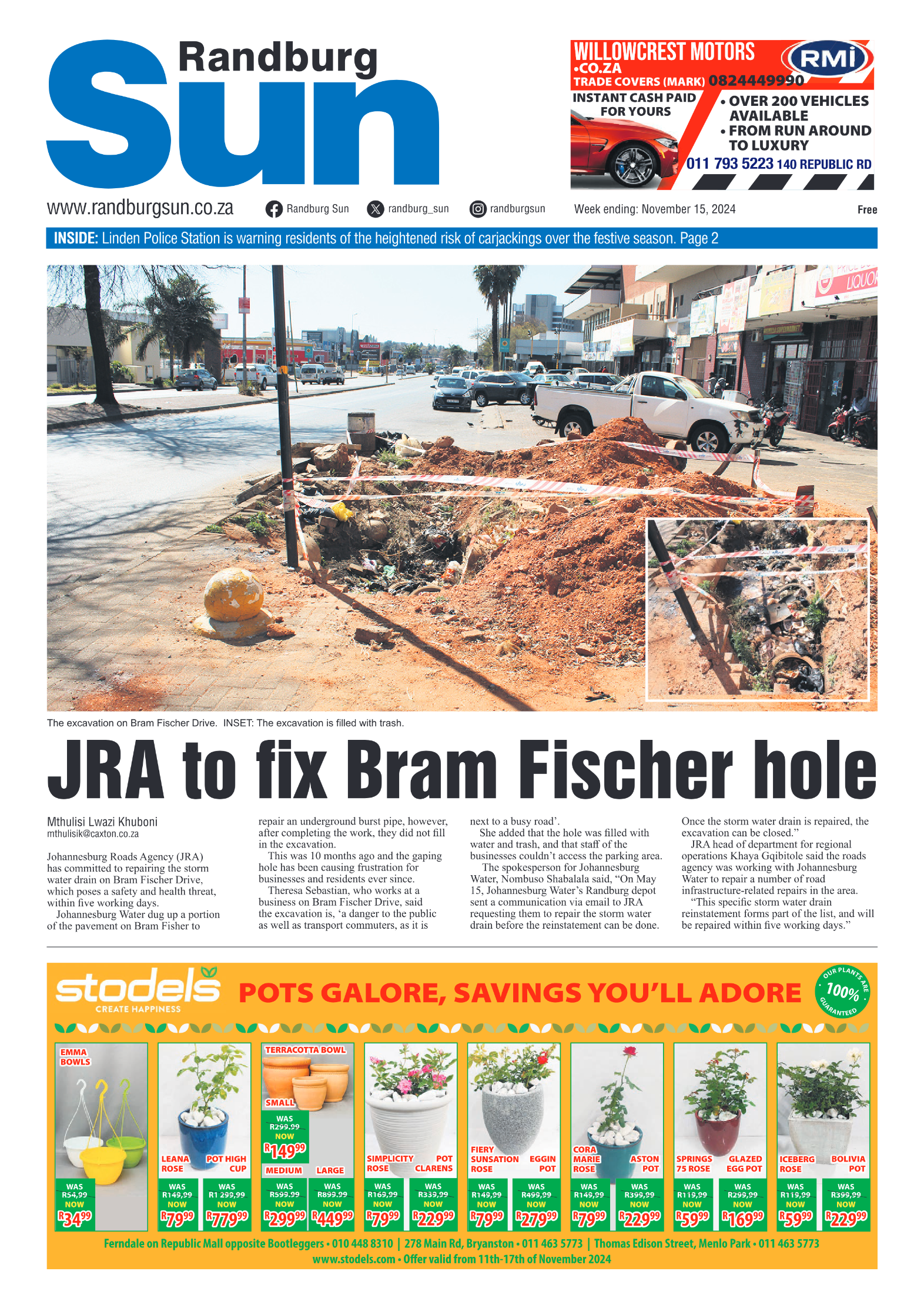 Randburg Sun 15 November 2024 page 1