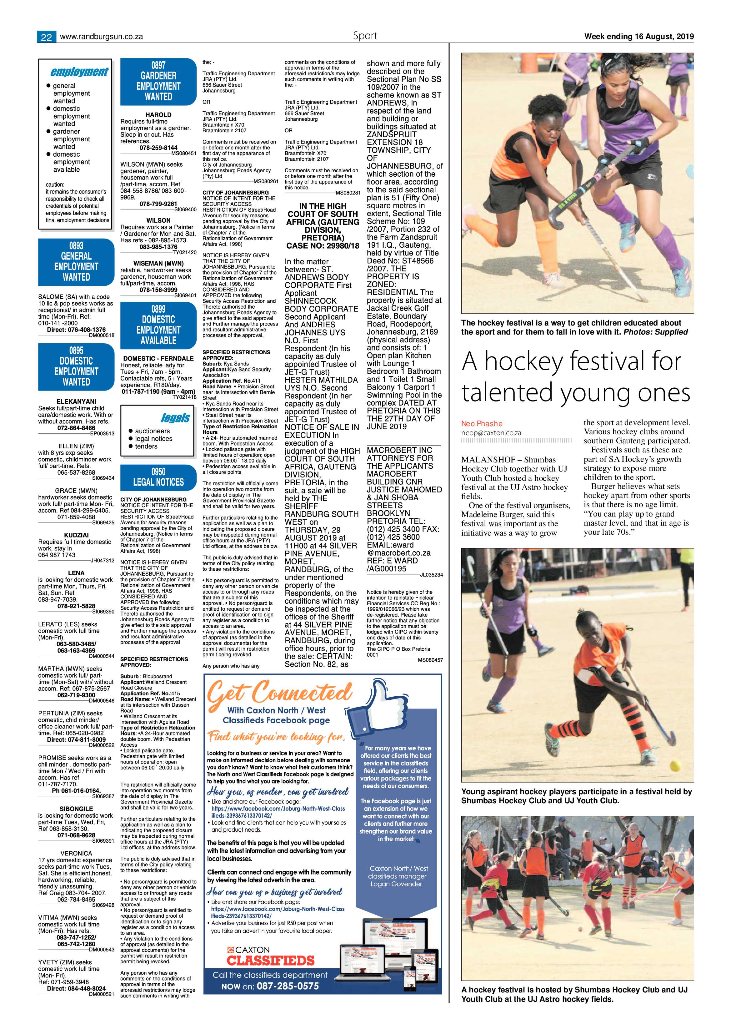 Randburg Sun 16 August, 2019 page 22